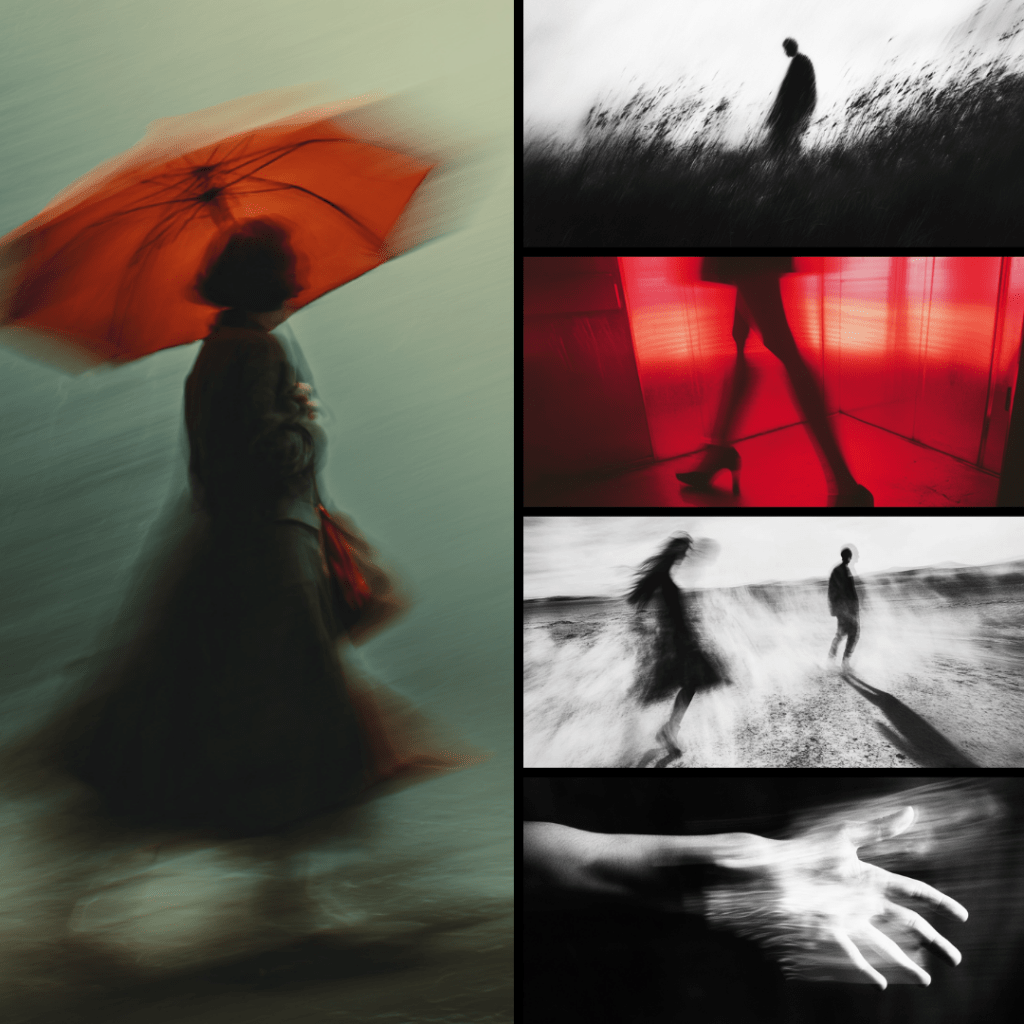 elinde şemsiye olan kadın, çayırda adam figürü, kırmızı kadın figürünün ayakları, çayırda kadın ve erkek, siyah beyaz el figürü Özge Acu'nun fotoğraf çalışmaları